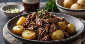Carne desfiada de panela com batatas, uma receita deliciosa e prática feita na panela de pressão.