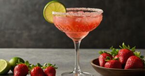 Taça de Margarita de Morango com bordas decoradas e enfeites de morango e limão.