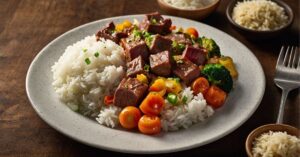 imagem de um prato de picadinho de carne com vegetais acompanhado de arroz branco e farofa.