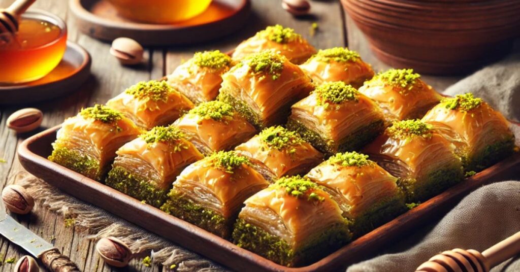Bandeja de baklava com camadas douradas e crocantes de massa filo, decoradas com pistache triturado, colocada sobre uma mesa de madeira rústica, acompanhada de um pequeno pote de mel e um dipper de madeira ao lado.