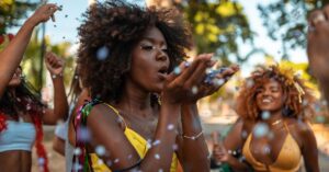Mulheres se divertindo em um bloco de Carnaval ao ar livre, jogando confetes e celebrando com alegria.