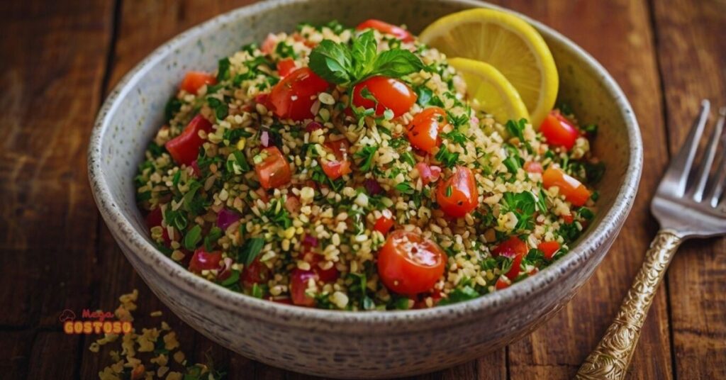 Tabule tradicional em uma tigela de cerâmica, com trigo para quibe, tomates, salsa, hortelã e rodelas de limão, servido sobre uma mesa rústica de madeira