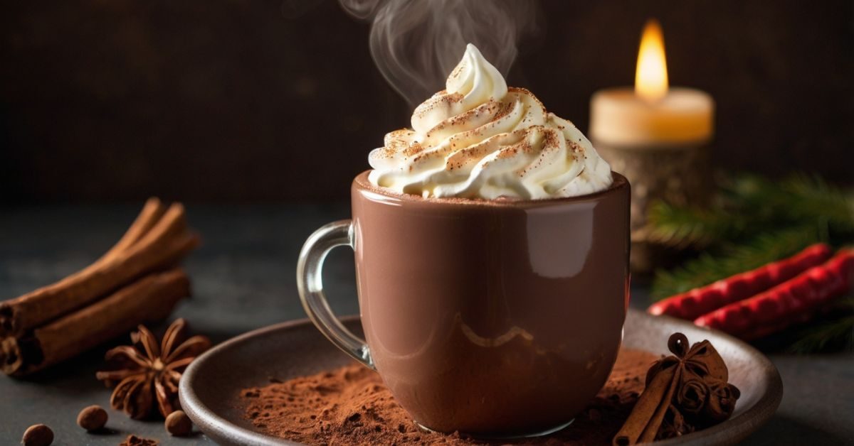 Imagem de uma caneca de chocolate quente com pimenta caiena e chantilly decorativo.