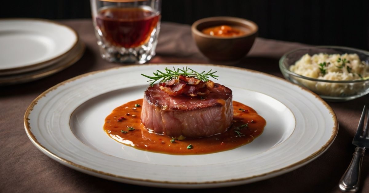 Medalhão de filé com bacon e molho caseiro servido em prato elegante.