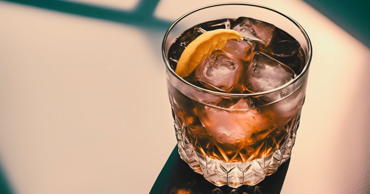 Negroni de cacau servido com casca de laranja e cacau em pó.