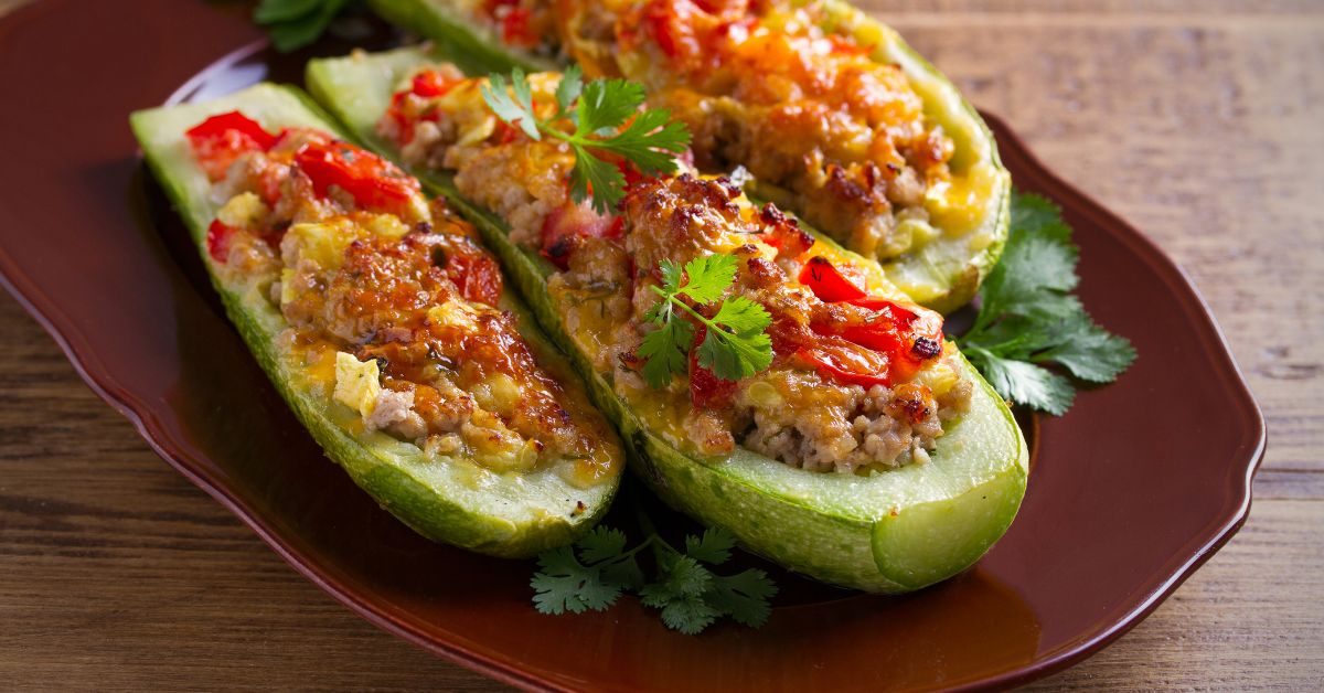 Prato de abobrinha recheada com carne moída light, assada e servida em uma travessa, opção saudável e saborosa para refeições leves