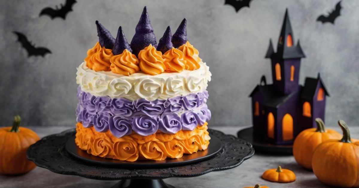 Bolo de Halloween decorado com chantilly laranja e roxo.